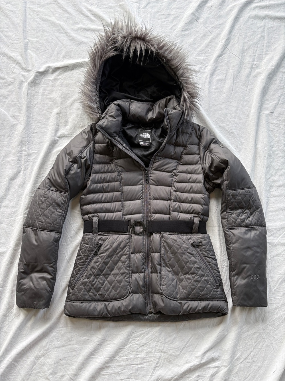 North Face Parkina 600 Down belted Jacket Faux Fur Hood Women’s Small Gray